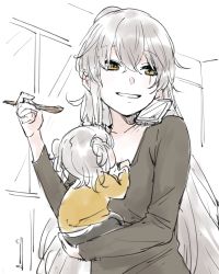 1girl baby black_shirt carrying_baby carrying_person commentary_request girls&#039;_frontline grey_hair hair_between_eyes highres holding holding_spoon long_hair long_sleeves mother_and_child scar scar_across_eye scar_on_face shinoe_nun shirt sketch smile spoon ump45_(girls&#039;_frontline) very_long_hair yellow_eyes