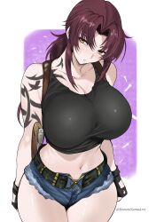 Rule 34 | 1girl, absurdres, alternate breast size, arm tattoo, belt, black belt, black gloves, black lagoon, black tank top, breasts, brown hair, cleavage, collarbone, cowboy shot, crop top, curvy, cutoffs, denim, denim shorts, fingerless gloves, gloves, gun, hair intakes, harutoyumaarts, highres, holster, huge breasts, looking at viewer, low ponytail, micro shorts, midriff, navel, ponytail, revy (black lagoon), shorts, shoulder tattoo, sidelocks, simple background, solo, stomach, tank top, tattoo, thighs, weapon, white background, yellow eyes