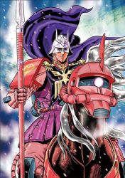 1boy armor barding cape char_aznable crossover fabulous fujisawa_oshou gundam hana_no_keiji hara_tetsuo_(style) helmet horse maeda_keiji manly mask mobile_suit_gundam parody polearm spear weapon what wind zaku zaku_ii zaku_ii_s_char_custom