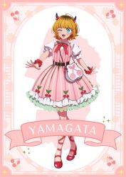 1girl absurdres aqua_eyes bag blonde_hair blush bow bowtie breasts cherry_earrings cherry_hair_ornament demon_horns dress earrings fake_horns food-themed_earrings food-themed_hair_ornament food_themed_earrings frilled_wristband hair_ornament high_heels highres hirayama_kanna horns jewelry medium_hair memcho multicolored_hair official_art one_eye_closed open_mouth oshi_no_ko pink_bow pink_bowtie pink_dress red_shoes roots_(hair) shoes short_hair shoulder_bag simple_background smile solo white_bag