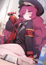 1girl :3 absurdres animal_collar armband bare_legs barefoot black_hat black_jacket black_shirt black_skirt blue_archive blush bottle bowl breasts closed_mouth collar collared_shirt commentary_request curtains dot_nose feet fingernails fluffy_hair from_side gehenna_academy_logo hair_between_eyes half-closed_eyes halo hand_up hat highres iroha_(blue_archive) jacket leash legs loli long_hair long_sleeves looking_at_viewer loose_necktie military_hat military_jacket milk_bottle milk_carton necktie open_clothes open_jacket peaked_cap pencil_skirt pet_bowl pinky_out purple_eyes purple_halo red_armband red_collar red_hair red_necktie ribiadan shirt sitting skirt sleeves_past_wrists small_breasts smile solo sweatdrop thighs toenails toes very_long_hair wariza wavy_hair window