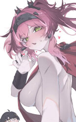2girls absurdres bare_shoulders black_bow blood blush bow breasts commentary_request earrings female_rover_(wuthering_waves) from_side hair_bow hair_ornament hairband hand_up heart highres jewelry long_hair looking_at_viewer lupa_(wuthering_waves) medium_breasts metal_hairband multiple_girls multiple_hair_bows nosebleed nude open_mouth pink_hair plabit rover_(wuthering_waves) sash sideboob simple_background solo_focus sweatdrop tacet_mark_(wuthering_waves) white_background wrist_guards wuthering_waves yellow_eyes