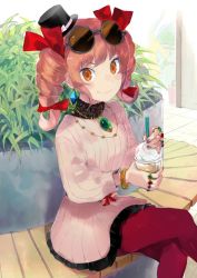 1girl aisutabetao alternate_costume bangle blush bracelet closed_mouth collared_dress commentary_request dress drill_hair drink drinking_straw earrings eyewear_on_head food_request frappuccino frilled_dress frills gold hair_ribbon hat holding holding_drink jewelry lace-trimmed_collar lace_trim long_sleeves looking_at_viewer mini_hat mini_top_hat necklace orange_eyes pantyhose pendant pink_dress plant red_pantyhose red_ribbon ribbon ring round_eyewear sitting smile solo spider_plant sunglasses top_hat touhou tsurime twin_drills yorigami_jo&#039;on