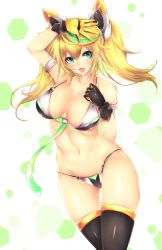 1girl adapted_costume bare_shoulders bikini black_gloves black_thighhighs blonde_hair blush breasts cleavage cowboy_shot fang female_focus frofrofrost gene_(pso2) gloves green_eyes green_hair halterneck hand_on_own_head highres large_breasts long_hair looking_at_viewer matching_hair/eyes multicolored_bikini multicolored_hair navel open_mouth outstretched_hand phantasy_star phantasy_star_online_2 sideboob smile solo streaked_hair swimsuit thighhighs thighs two-tone_hair