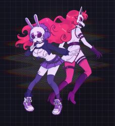2girls animal_ears back-to-back bandaid bandaid_on_leg belt black_gloves boots breasts character_request choker cleavage commentary english_commentary film_grain fox_ears full_body gloves grid_background hair_ornament heart heart_hair_ornament high_heel_boots high_heels highres knee_boots knees_together_feet_apart leaning_forward long_hair long_sleeves mask multiple_girls navel neon_red neon_violet neon_white pale_skin purple_hair purple_legwear purple_skirt rabbit_ears rabbit_mask red_hair red_legwear ryann_shannon shoes short_hair simple_background skirt sleeveless sneakers thigh_strap thighhighs very_long_hair