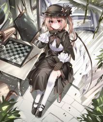Rule 34 | 1girl, absurdres, alternate costume, ascot, black ascot, black gloves, blonde hair, board game, bow, chair, chess, chessboard, crystal, crystal wings, dress, flandre scarlet, frills, from above, full body, gloves, hat, highres, indoors, long hair, long sleeves, looking at viewer, mary janes, mob cap, puffy sleeves, red eyes, ribbon, shirt, shoes, side ponytail, sitting, skirt, solo, thighhighs, top-exerou, touhou, white thighhighs, wings