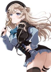 1girl absurdres black_capelet black_hat black_skirt blonde_hair blue_eyes blue_shirt capelet center_frills floating_hair frilled_skirt frills from_below hair_rings hand_on_own_hip hat high-waist_skirt highres holding holding_magnifying_glass indie_virtual_youtuber kitahara_tomoe_(kitahara_koubou) lapels light_blush long_hair magnifying_glass notched_lapels pink_nails plaid_clothes plaid_hat plaid_skirt shirt simple_background single_thighhigh skirt solo thigh_strap thighhighs twitter_username two-tone_hat two-tone_skirt virtual_youtuber white_background yayamugi_(vtuber)