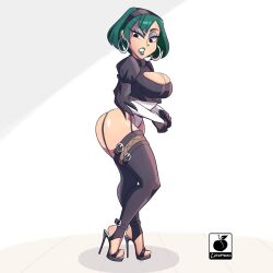 1girl 2b_(nier:automata) adapted_costume alternate_costume black_eyes breasts buckle cartoon_network cleavage_cutout clothing_cutout cosplay disgust earrings feet full_body green_hair gwen_(total_drama) high_heels jewelry large_breasts linkartoon lips looking_back nier:automata nier_(series) non-web_source open_mouth source_request teeth thighhighs total_drama