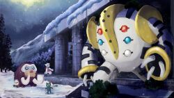 black_eyes commentary froslass gen_2_pokemon gen_4_pokemon highres in-universe_location legendary_pokemon mamoswine night nintendo no_humans outdoors pillar pokemon pokemon_(creature) regigigas sneasel snow snowing snowpoint_city stairs standing tree zeromatter
