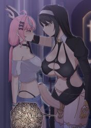 1futa 1girl absurdres after_kiss ahoge belly_chain black_gloves black_hair black_nails blunt_bangs blush bow bracelet breasts bridal_gauntlets character_request choker commission copyright_request crop_top detached_sleeves elbow_gloves fingernails foreskin futanari gloves habit hair_bow hair_ornament halterneck heart heart_ahoge highleg highleg_panties highres huge_breasts jewelry kiss large_breasts large_penis long_hair medium_breasts medium_hair multicolored_hair nail_polish navel nun original panties penis penis_on_stomach penis_ornament phimosis pink_hair ponytail revealing_clothes saliva saliva_trail shirt short_shorts shorts sidelocks spammayoss sperm_cell streaked_hair testicles underwear white_shirt