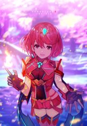 1girl breasts chest_jewel commentary_request copyright_name core_crystal_(xenoblade) cowboy_shot fingerless_gloves gloves highres large_breasts looking_at_viewer open_mouth pyra_(xenoblade) red_eyes red_hair red_shorts short_hair shorts solo tarbo_(exxxpiation) tiara xenoblade_chronicles_(series) xenoblade_chronicles_2