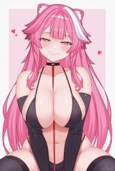 1girl absurdres animal_ear_fluff animal_ears bikini black_bikini black_thighhighs border breasts cowboy_shot heart highres hololive hololive_english kershok large_breasts long_hair multicolored_hair panther_ears panther_girl pink_background pink_hair raora_panthera simple_background solo streaked_hair swimsuit thighhighs two-tone_hair very_long_hair virtual_youtuber white_border white_hair