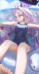 1girl absurdres ahoge bare_arms bare_shoulders barefoot blue_archive blue_one-piece_swimsuit blush demon_girl demon_horns demon_wings hair_behind_ear hair_ornament hairclip halo highres hina_(blue_archive) hina_(swimsuit)_(blue_archive) horns kuromame_(meekaki96) loli looking_at_viewer ocean official_alternate_costume official_alternate_hairstyle one-piece_swimsuit one_side_up open_mouth purple_eyes purple_hair purple_halo school_swimsuit solo swim_ring swimsuit whistle whistle_around_neck wings