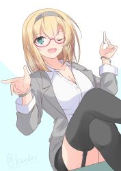Rule 34 | 1girl, alternate costume, bespectacled, black skirt, black thighhighs, blazer, blonde hair, blue eyes, breasts, chalk, cleavage, collared shirt, crossed legs, dress shirt, feet out of frame, garter straps, glasses, grey hairband, grey jacket, hairband, highres, holding, holding chalk, jacket, kantai collection, office lady, one-hour drawing challenge, pencil skirt, red-framed eyewear, rodney (kancolle), shirt, shizuna kaede, short hair, skirt, solo, teacher, thighhighs, twitter username, white shirt