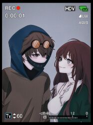 Rule 34 | 1boy, 1girl, black-framed eyewear, black border, black mask, blue hood, blush, border, breasts, brown eyes, brown hair, brown hoodie, ciciflaky, clockwork (creepypasta), closed mouth, coat, coat partially removed, commentary, covered mouth, creepypasta, face-to-face, film grain, from side, fur-trimmed coat, fur trim, goggles, goggles on head, green coat, green eyes, grey eyes, hair between eyes, heterochromia, hood, hood up, hoodie, horizontal-striped sleeves, large breasts, long hair, looking at another, mask, messy hair, mouth mask, orange-tinted eyewear, pale skin, short hair, single bare shoulder, smile, stitched mouth, stitches, straight hair, striped sleeves, tank top, ticci toby, tinted eyewear, tsurime, upper body, upturned eyes, viewfinder, white tank top