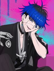 1boy animal_print black_hair black_haori black_kimono blue_eyes blue_hair blush choker cracked_skin earrings eye_print eyepatch face_piercing haori head_rest japanese_clothes jewelry kimono labret_piercing male_focus multicolored_hair nocchan_chicchi omokage_yugamu piercing pink_background print_eyepatch short_hair smile solo spider_print teeth the_hundred_line_-last_defense_academy- upper_body