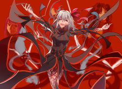 1boy 3girls black_dress black_hair child&#039;s_drawing chocolate_(jitong) closed_eyes commentary_request corruption dark_sakura dress dual_persona emiya_shirou fate/stay_night fate_(series) hair_ribbon half-closed_eyes heaven&#039;s_feel highres long_hair matou_sakura multiple_girls open_mouth outstretched_arms purple_hair red_background red_ribbon ribbon smile tohsaka_rin white_hair