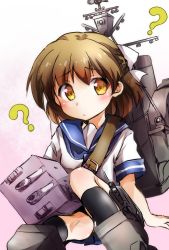 Rule 34 | 1girl, ?, blue neckerchief, blue sailor collar, blue skirt, bow, brown eyes, brown hair, ca2la, cannon, clannad, commission, cosplay, female focus, hair bow, highres, kantai collection, machinery, mast, name connection, neckerchief, okazaki ushio, pleated skirt, sailor collar, school uniform, serafuku, ship turret, short hair, sitting, skirt, smokestack, solo, ushio (kancolle), ushio (kancolle) (cosplay), white bow