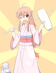 10s 1koma 2girls ahoge blush bruise comic commentary crescent crescent_hair_ornament fang goma_(yoku_yatta_hou_jane) hair_between_eyes hair_ornament hammer highres injury japanese_clothes kantai_collection kimono kine long_hair low_ponytail mallet multiple_girls obi pink_eyes pink_hair ponytail purple_hair sash sidelocks simple_background sweatdrop trembling uzuki_(kancolle) very_long_hair yayoi_(kancolle)