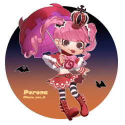 1girl bad_id bad_twitter_id bat_(animal) blunt_bangs boots capelet chibi circle crown full_body holding holding_umbrella kazuto_(kazu_one_a) looking_at_viewer one_piece pantyhose perona pink_hair red_capelet red_skirt skirt smile solo striped_clothes striped_pantyhose tongue tongue_out twintails twitter_username umbrella