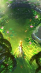 1girl blonde_hair day dress flower from_above full_body green_theme koi leaf light_rays lily_pad lotus nintendo outdoors painterly pointy_ears pond princess_zelda scenery solo sunlight the_legend_of_zelda the_legend_of_zelda:_breath_of_the_wild tree wading white_dress zandra