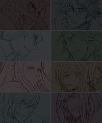 00s 2girls 6+boys ali_al-saachez allelujah_haptism dark dual_persona graham_aker grimace grin gundam gundam_00 hallelujah_haptism lockon_stratos monochrome multiple_boys multiple_girls open_mouth patrick_colasour setsuna_f._seiei simple_background smile soma_peries sweat tieria_erde
