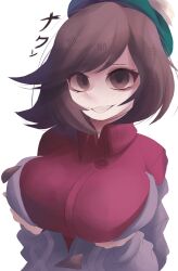 1girl breast_lift breasts brown_eyes brown_hair gloria_(pokemon) hat highres large_breasts looking_at_viewer naxless nintendo open_sweater pokemon pokemon_swsh short_hair simple_background solo solo_focus tam_o&#039;_shanter translation_request white_background