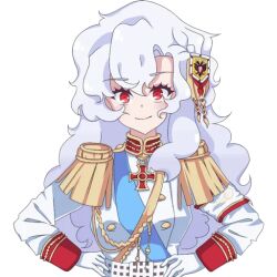 1girl aiguillette alpha_(alpha_1918) armband blue_sash buttons collar cross cross_pendant epaulettes findoworld fluffy fluffy_hair gloves gold_buttons gold_trim hair_ornament hands_on_own_hips lips long_hair looking_at_viewer military military_uniform original red_eyes red_sleeve_cuffs russian_empire sash sleeve_cuffs smile solo sputnik_and_pogrom sticker transparent transparent_background very_long_hair white_gloves white_hair