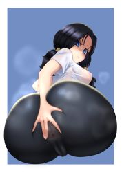 1girl absurdres anus ass bike_shorts black_hair blue_background blue_eyes blush breasts cameltoe covered_anus dragonball_z fat_mons grabbing_own_ass highres huge_ass iceringer looking_back medium_breasts nipples see-through_clothes shirt short_sleeves skin_tight solo spandex spread_anus spread_anus_under_clothes spread_ass steam transparent videl white_shirt
