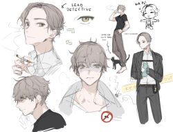 1boy :3 arrow_(symbol) black_coat black_shirt blonde_hair blue_gloves bug cat cigarette coat cowboy_shot fly gloves green_eyes holding holding_cigarette insect looking_at_viewer multiple_views original shaded_face shirt simple_background sketch_inset smell smoking swept_bangs unbuttoned white_background white_shirt yoimon