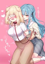 2girls animal_ears bang_dream! bang_dream!_it&#039;s_mygo!!!!! black_ribbon blonde_hair blue_hair blush breasts brown_skirt collar commentary covering_another&#039;s_eyes dog_ears dog_girl dog_tail drooling grey_skirt hair_ribbon highres holding holding_leash kemonomimi_mode large_breasts leash long_sleeves meu203 misumi_uika mouth_drool multiple_girls open_mouth pink_background red_collar ribbon shirt short_sleeves sidelocks skirt tail togawa_sakiko translation_request white_shirt yellow_eyes yuri