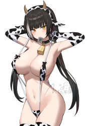 1girl absurdres alternate_costume animal_ear_hairband animal_ears animal_print bell bikini black_hair breasts collarbone commentary_request condom condom_wrapper cow_ears cow_horns cow_print cow_print_bikini cow_print_gloves cow_print_thighhighs fake_animal_ears fake_horns girls&#039;_frontline gloves hairband heterochromia highres horns large_breasts long_hair looking_at_viewer low_twintails multicolored_hair navel neck_bell orange_eyes print_bikini print_gloves print_thighhighs ro635_(girls&#039;_frontline) simobulanka simple_background slingshot_swimsuit solo streaked_hair swimsuit thighhighs twintails white_background white_hair yellow_eyes