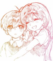 1boy 1girl :d :o ^_^ absurdres affectionate antenna_hair bright_pupils brother_and_sister closed_eyes collared_shirt cropped_torso double-parted_bangs hair_behind_ear hair_between_eyes hashtag-only_commentary hatching_(texture) highres hug hug_from_side lineart long_hair looking_at_viewer makucrp mari_(headspace)_(omori) mari_(omori) neckerchief omori open_mouth round_teeth shirt short_hair short_sleeves siblings simple_background smile sunny_(omori) sweater_vest teeth upper_teeth_only very_short_hair white_background
