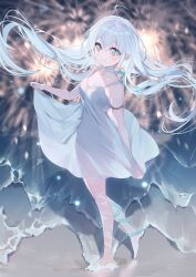 1girl aqua_eyes armband bare_arms bare_legs bare_shoulders barefoot beach clothes_lift dress dress_lift fireworks floating_hair full_body grin highres lifting_own_clothes long_hair miwano_rag neck_ribbon night ocean official_art reflection reflective_water ribbon second-party_source secret_cute smile solo walking white_dress white_hair