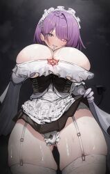 1girl absurdres apron blush breasts demon_girl demon_tail dress frilled_apron frills garter_straps highres inhey large_breasts looking_at_viewer maid maid_apron maid_headdress original panties purple_hair skindentation solo tail thighs underboob underwear white_apron
