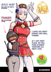 1girl 1other absurdres age_difference animal_ears arm_up armband arrow_(symbol) artist_name bare_shoulders belt black_belt black_gloves black_helmet blue_bow blue_shirt blunt_bangs blush bow breasts brown_hair character_name clipboard closed_mouth commentary covered_eyes covered_penis dress ear_bow ear_covers english_commentary english_text futanari gloves gold_ship_(umamusume) grey_pants hair_over_eyes height_difference helmet highres holding holding_clipboard horse_ears horse_girl large_breasts leoderorero long_hair onee-shota pants pillbox_hat pink_eyes purple_hair red_armband red_bow red_dress shirt short_hair shota sleeveless sleeveless_dress smile standing thigh_gap trainer_(umamusume) twitter_username umamusume v v_over_head white_background white_gloves white_pants