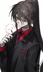 1boy black_necktie black_suit brown_hair closed_mouth collared_shirt expressionless formal_clothes hair_between_eyes highres jyu_viole_grace long_hair looking_at_viewer male_focus necktie original ponytail red_shirt shadow shirt solo suit tower_of_god twenty-fifth_bam white_background yellow_eyes yukii_masako