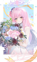 1girl absurdres bare_arms bare_shoulders blue_archive blue_flower blush bouquet closed_mouth dress feathered_wings flower hair_bun hair_flower hair_ornament hair_scrunchie highres holding holding_bouquet long_hair looking_at_viewer mika_(blue_archive) pink_flower pink_hair purple_flower red_flower reiami scrunchie sidelocks single_side_bun sleeveless sleeveless_dress smile solo white_dress white_scrunchie wings yellow_eyes