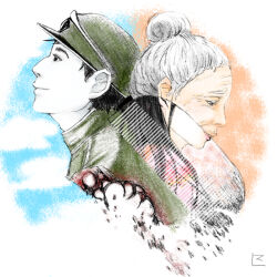 1boy 1girl comb green_hat grey_hair hat mahou_tsukai_ni_taisetsu_na_koto mrn_(aemw) old old_woman profile