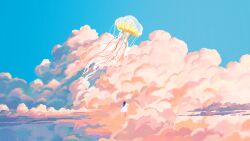1girl above_clouds absurdres animal black_hair blue_sky chinese_commentary cloud cloudy_sky commentary_request dress fangpeii fish floating floating_clothes floating_hair flying_fish highres jellyfish long_hair long_sleeves original outdoors outstretched_arms scenery sky sky_focus solo spread_arms very_wide_shot walking white_dress