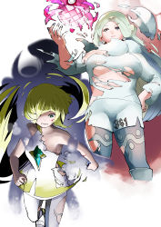 2girls absurdres akanboh beast_ball blonde_hair blood blood_on_face boots breasts commentary_request dress dynamax_ball fingernails green_eyes green_hair grey_footwear hand_on_own_hip highres holding holding_poke_ball leggings long_hair lusamine_(pokemon) mature_female melony_(pokemon) multicolored_hair multiple_girls nintendo pantyhose pantyhose_under_shorts parted_lips poke_ball pokemon pokemon_sm pokemon_swsh shirt shorts sleeveless sleeveless_dress streaked_hair torn_clothes torn_dress torn_legwear torn_shirt white_dress white_legwear white_shirt white_shorts