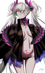1girl annimeone7 black_cloak black_panties black_thighhighs body_markings breasts choker cloak crossed_bangs demon_girl demon_horns demon_wings ear_piercing fate/grand_order fate_(series) green_eyes grey_hair hair_between_eyes highres horns large_breasts lilith_(fate) long_hair looking_at_viewer navel panties piercing pointy_ears solo stomach_tattoo tattoo thighhighs thighs twintails underwear very_long_hair wings