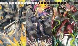 Rule 34 | 1boy, 1girl, beelstarmon, black coat, black shirt, blonde hair, breasts, coat, cowboy hat, cropped shirt, digimon, digimon (creature), dual wielding, eye mask, grey hair, gun, gundramon, hat, highres, holding, holding gun, holding weapon, jiyuuya, large breasts, long hair, magnakidmon, non-humanoid robot, playmat, red hat, robot, robot dragon, sample watermark, shirt, third eye, underboob, watermark, weapon, zoom layer