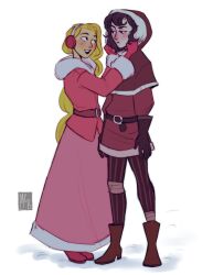 2girls arms_at_sides belt black_hair blonde_hair blush boots cassandra_(tangled) closed_mouth coat full_body fur-trimmed_coat fur-trimmed_hood fur-trimmed_skirt fur_trim gloves half-closed_eyes hands_on_another&#039;s_face highres hood long_hair long_skirt looking_at_another multiple_girls noidontgetthis open_mouth pants rapunzel_(disney) short_hair signature skirt snow standing striped_clothes striped_pants tangled rapunzel&#039;s_tangled_adventure teeth upper_teeth_only vertical-striped_clothes vertical-striped_pants very_long_hair white_background winter_clothes winter_coat yuri