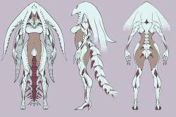 1girl angel_at_dusk arms_at_sides ass breasts carapace claws dark-skinned_female dark_skin flat_color from_behind from_side full_body highres medium_breasts monster_girl multiple_views navel official_art reference_sheet simple_background solo standing tail tentacle_hair toguromaki_kumoyuki