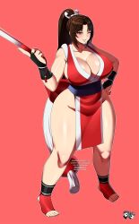 1girl artist_logo breasts brown_hair cleavage deviantart_username discord_username facebook_username fatal_fury female_focus full_body hand_fan holding holding_fan huge_breasts jadenkaiba logo long_hair one_eye_closed pelvic_curtain pixiv_username ponytail shiranui_mai smile solo standing toeless_footwear toes watermark web_address wink