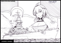 Rule 34 | 1girl, andrea doria (azur lane), andrea doria (battleship), antenna hair, azur lane, battleship, breasts, cape, character name, cleavage, commentary, drill hair, drill sidelocks, emblem, english commentary, graphite (medium), greyscale, hatching (texture), highres, large breasts, long hair, military vehicle, millipen (medium), monochrome, name connection, object namesake, ocean, pen (medium), personification, ship, sidelocks, signature, the general, traditional media, vehicle and personification, warship, watercraft, white cape