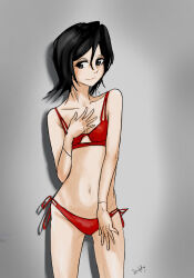 1girl artist_name bare_shoulders bikini black_hair bleach breasts collarbone dandanr female_focus highres kuchiki_rukia medium_hair red_bikini simple_background small_breasts smile standing swimsuit