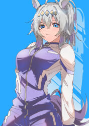 Rule 34 | 1girl, absurdres, ahoge, amateru, animal ears, blue background, blue eyes, blue jacket, blue pants, closed mouth, commentary, ear ornament, grey hair, hair ornament, hair up, highres, horse ears, horse girl, horse tail, jacket, kasamatsu tracen training uniform, long sleeves, looking at viewer, medium hair, oguri cap (umamusume), pants, ponytail, solo, standing, tail, track jacket, track pants, umamusume, umamusume: cinderella gray