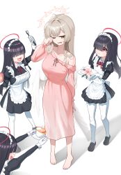 Rule 34 | 4girls, absurdres, arm up, barefoot, black dress, black hair, blue archive, brown eyes, brown hair, closed mouth, commentary request, cup, dress, flower, gloves, hair over eyes, halo, highres, holding, holding cup, holding saucer, holding toothbrush, juliet sleeves, justice task force member (blue archive), korean commentary, long hair, long sleeves, looking at another, maid, maid headdress, mal3n (wwo2002), multiple girls, nagisa (blue archive), one eye closed, open mouth, pantyhose, pink dress, pink flower, puffy sleeves, red eyes, red halo, saucer, see-through clothes, see-through dress, simple background, single off shoulder, smile, standing, teacup, toothbrush, white background, white gloves, white pantyhose, white wings, wings